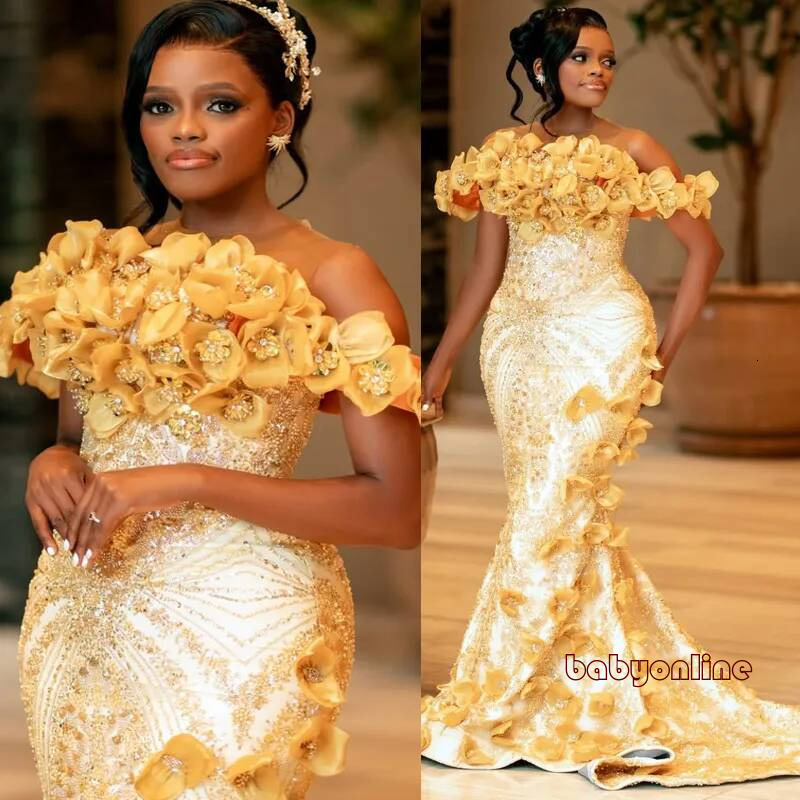 Aso Ebi Gold Dress Mermaid Evening Formal Off Shoulder Prom Dresses Flora Illusion Beaded Lace Crystals Birthday Second Reception Gown Am3571