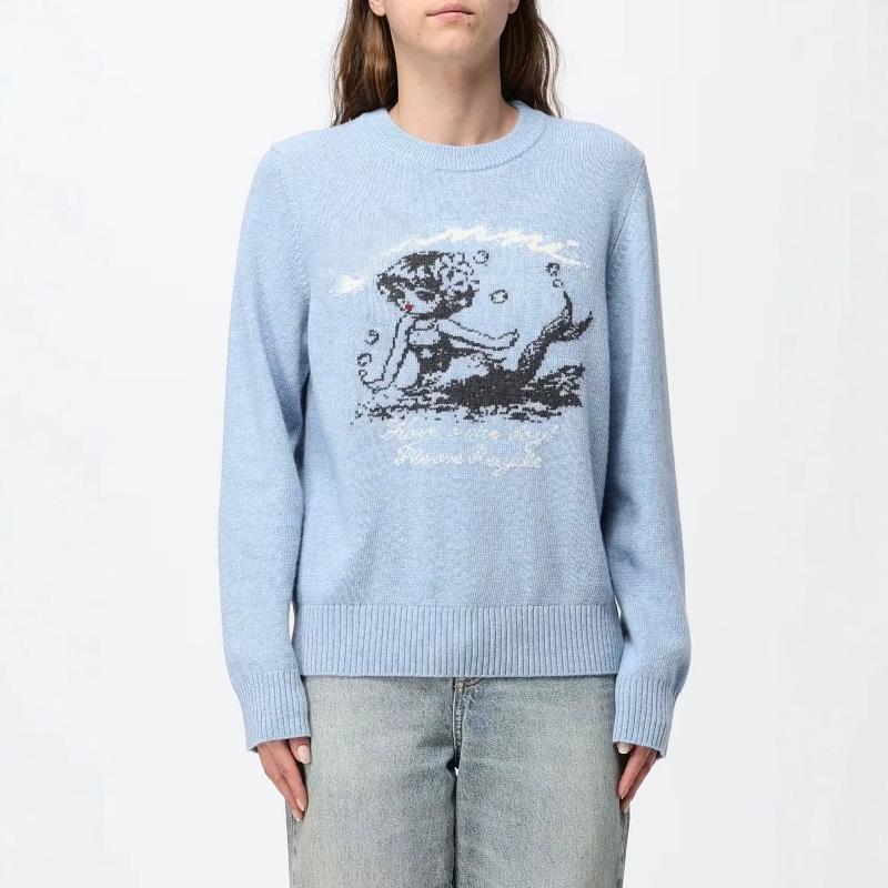 Womens Crew Neck Knit Sweater Mermaid Jacquard Long Sleeve Loose Pullover Knitwear Light Blue Heather Casual Jumper Wool Blend sweaters-12 S/M/L