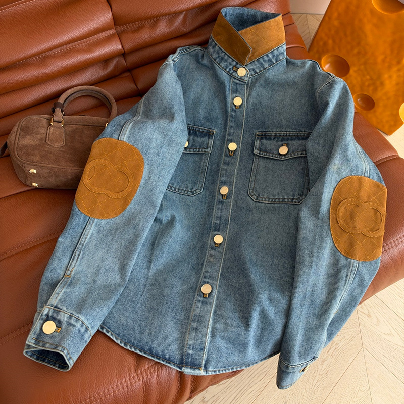 Designer Women Vintage Denim Jacket Elbow Patch Gold Button Coat Autumn Winter Casual Date School Office Outwear