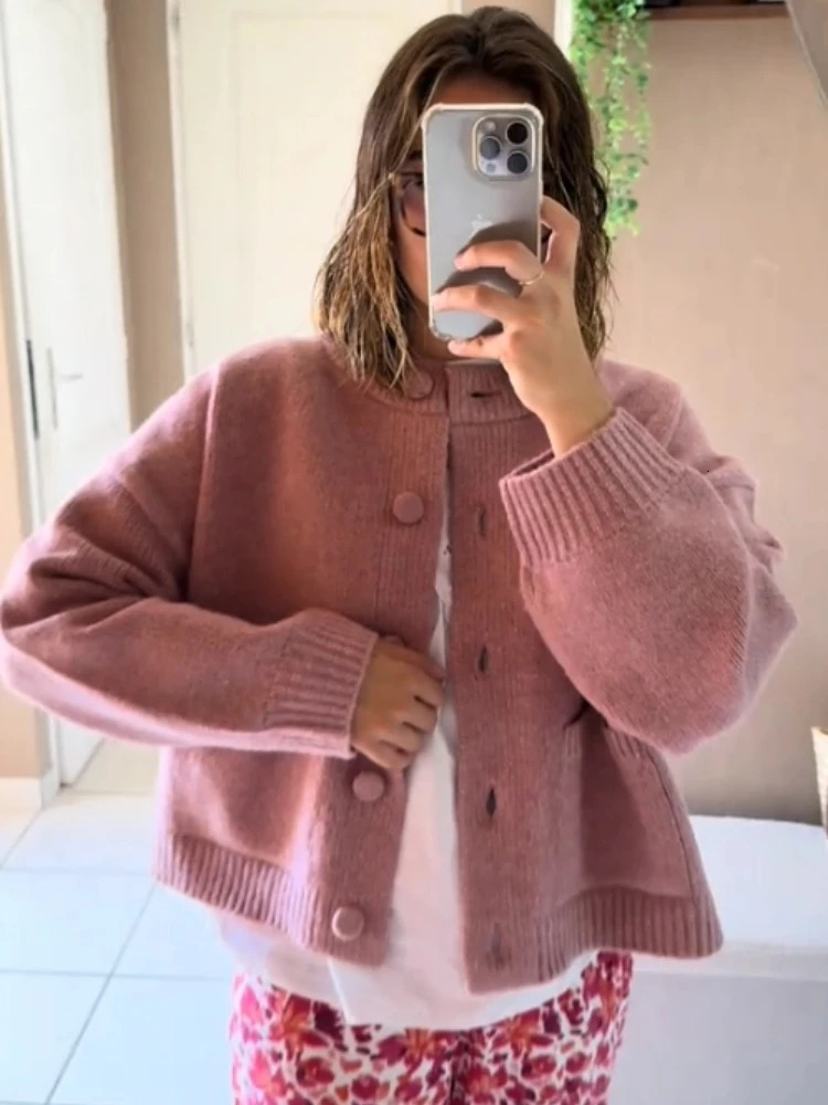Casual Knitted Oneck Cardigan Women Versatile Solid Single Breasted Pockets Sweaters Female Autumn Chic Street Knitwear 261016