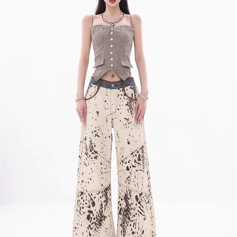 American Retro Stitching Leopard Print Jeans Women's Streetwear Hip-hop Loose Straight TrousersWide Leg Denim Pant 261016