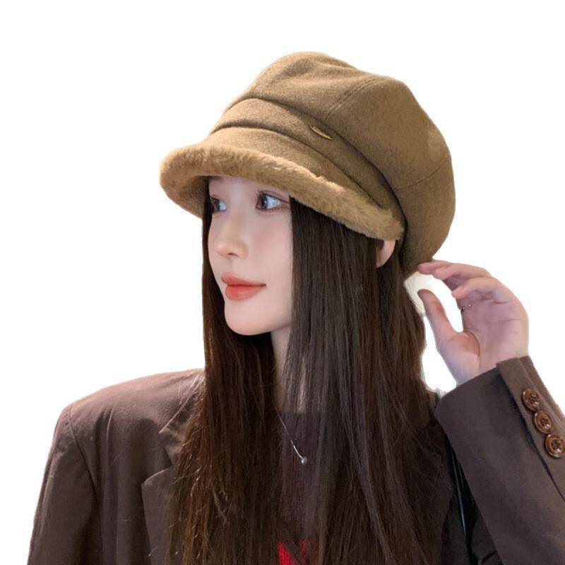 Autumn Winter New Thickened Edge Duckbill Beret British Fashion Warm Plush Versatile Octagonal Hat for Women
