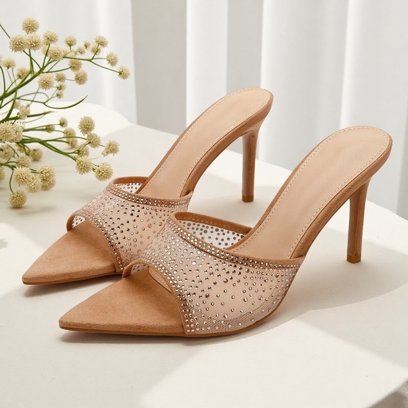 Rhinestone pointed-toe stiletto high-heeled sandals, sexy fashionable women's outdoor slippers, European and American summer new half-slippers