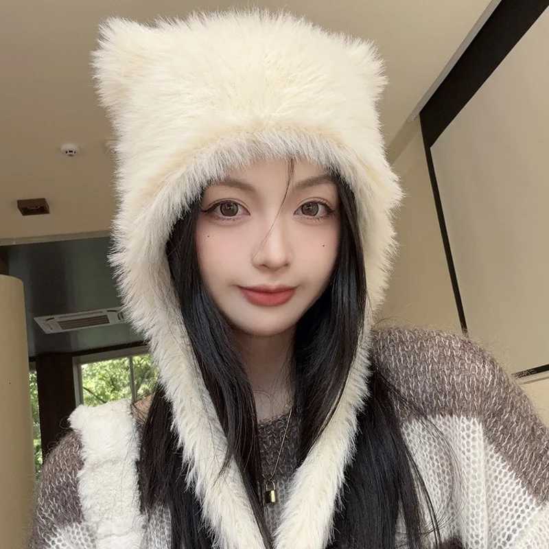 Beanie/Skull Caps Hot Selling Women's Bear Ear Fleece Hat Cute Winter Hat with Faux Rabbit Fur Lining Thermal Windproof Earflap Cap Q261017