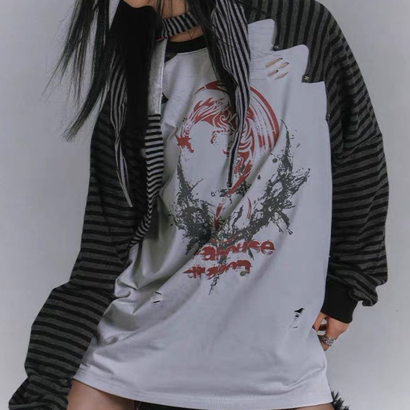 MEXZT Y2K Print T Shirt Women Harajuku Oversized Striped Patchwork Tops Autumn Streetwear Grunge Long Sleeve Loose Casual Tees