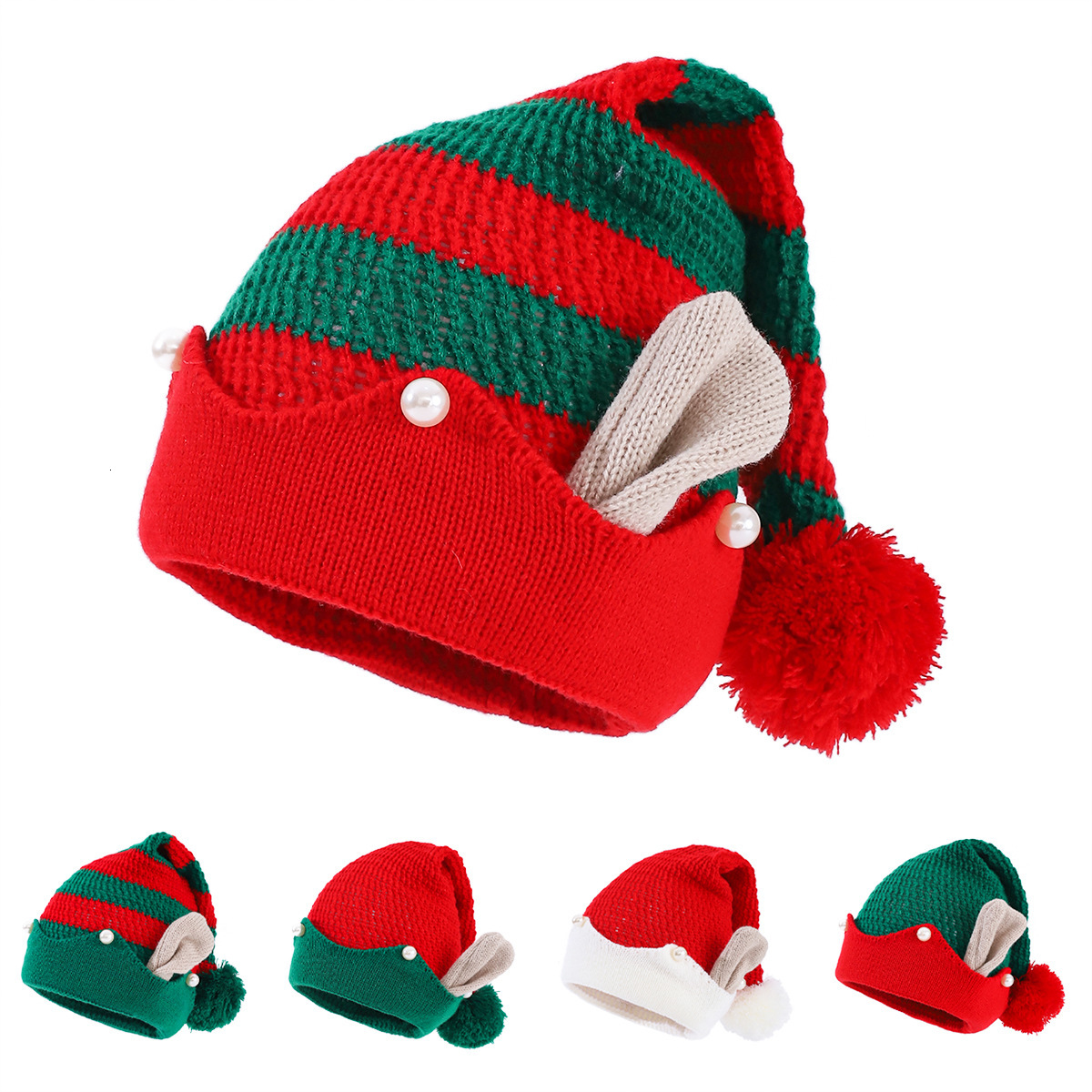 new Christmas red and white elf ear pearl long beanie knitted hat warm pullover hat