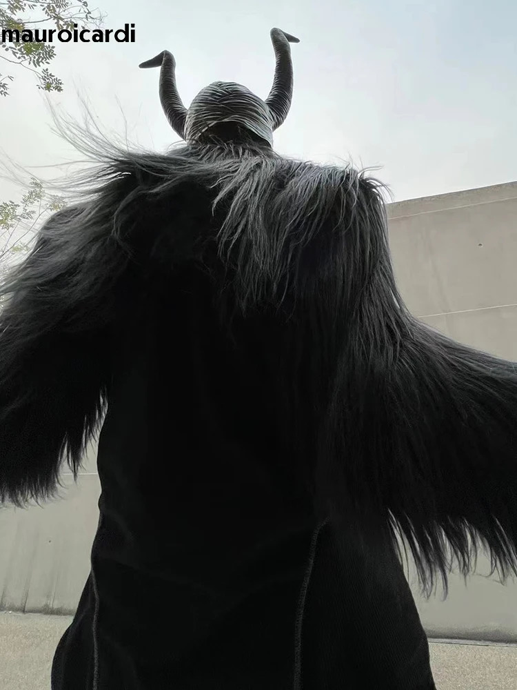 Mauroicardi Autumn Winter Thick Warm Hairy Shaggy Cropped Faux Fur Coat Men y ner Clothes Black Fluffy Jacket 2024 261008