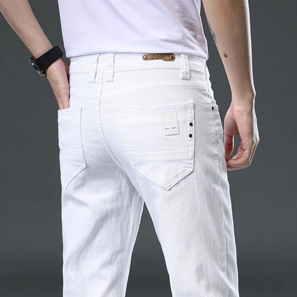Autumn Mens White Slim Fit Straight Jeans Casual Stretch Denim Pants Comfortable Fashion Streetwear Male Clothing 261017