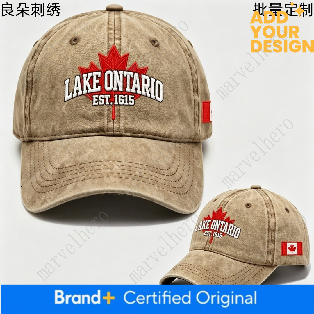 Cross Border Best Selling Ontario Lake Commemorative Baseball Cap Vintage Washed Maple Leaf Embroidery Unisex Versatile Sun Hat