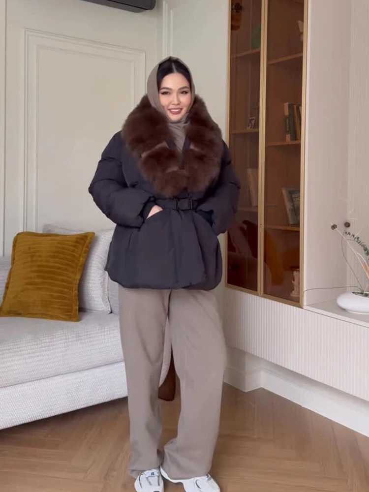 Women's Down Parkas Thicken Cotton Jackets Women V Neck Long Sleeves Faux Fur Collar Belts Loose Warm Coats Female 2026 Winter New Casual Outwe