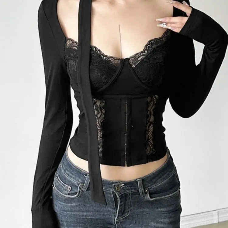 Long Sleeve Lace Short T-Shirt Women Sexy Slim Fit Polyester Fabric Splicing n Sensual Street Style Spring 2026 Ladies Top 261015