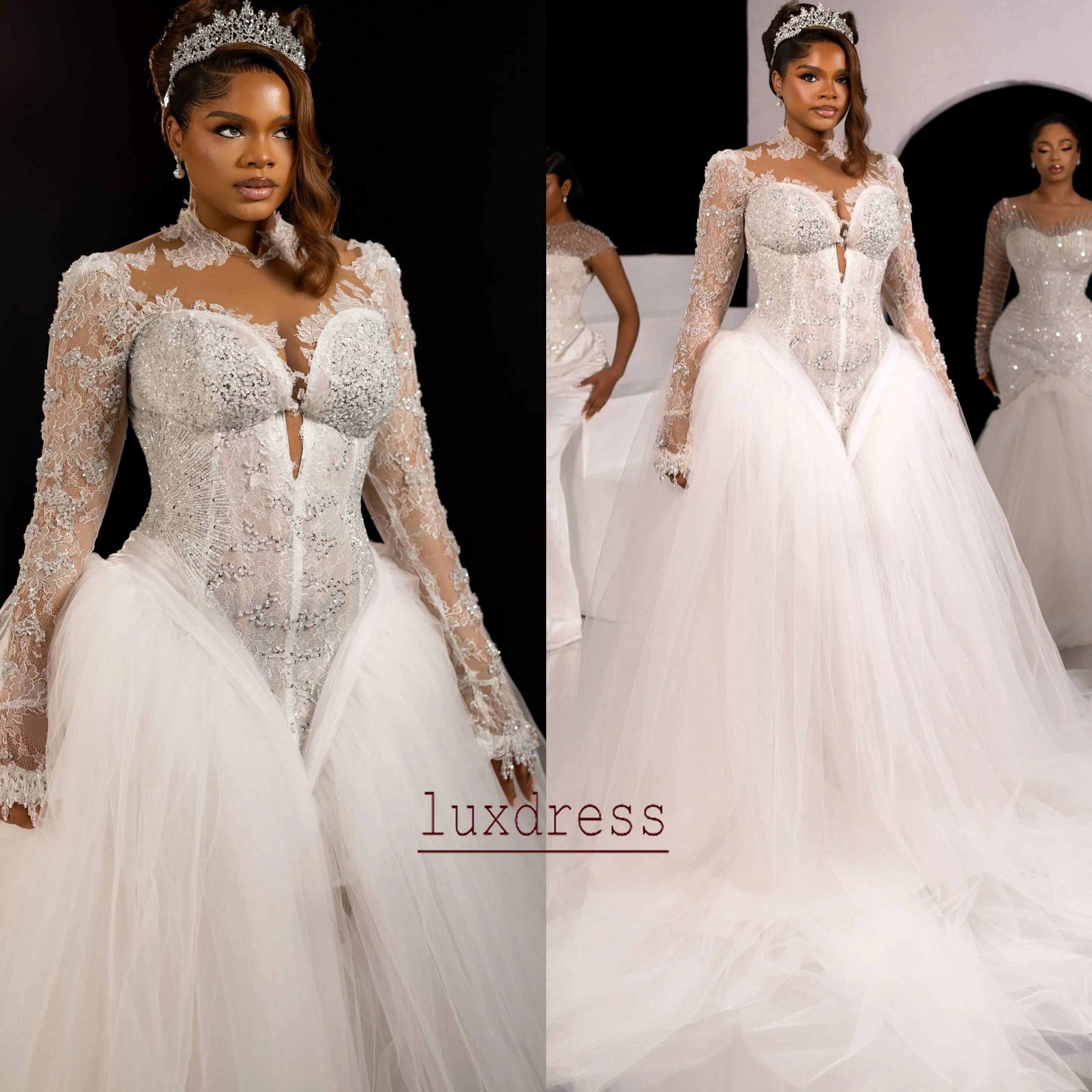 African Plus Size Mermaid Wedding Dresses High Neck Lace Beaded Tulle Full Sleeves Vintage Charming Bridal Gowns Dress
