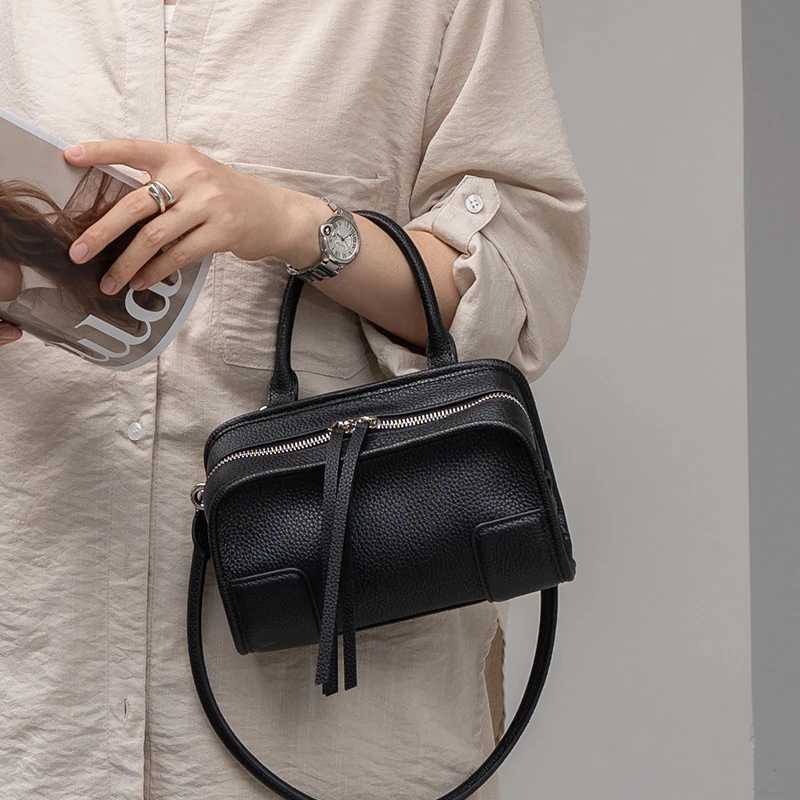 Cross Body Genuine Cowhide Leather Mini Boston Bag for Women Top Handle Crossbody Bag with Zipper Closure Designer Messenger Bags H261016