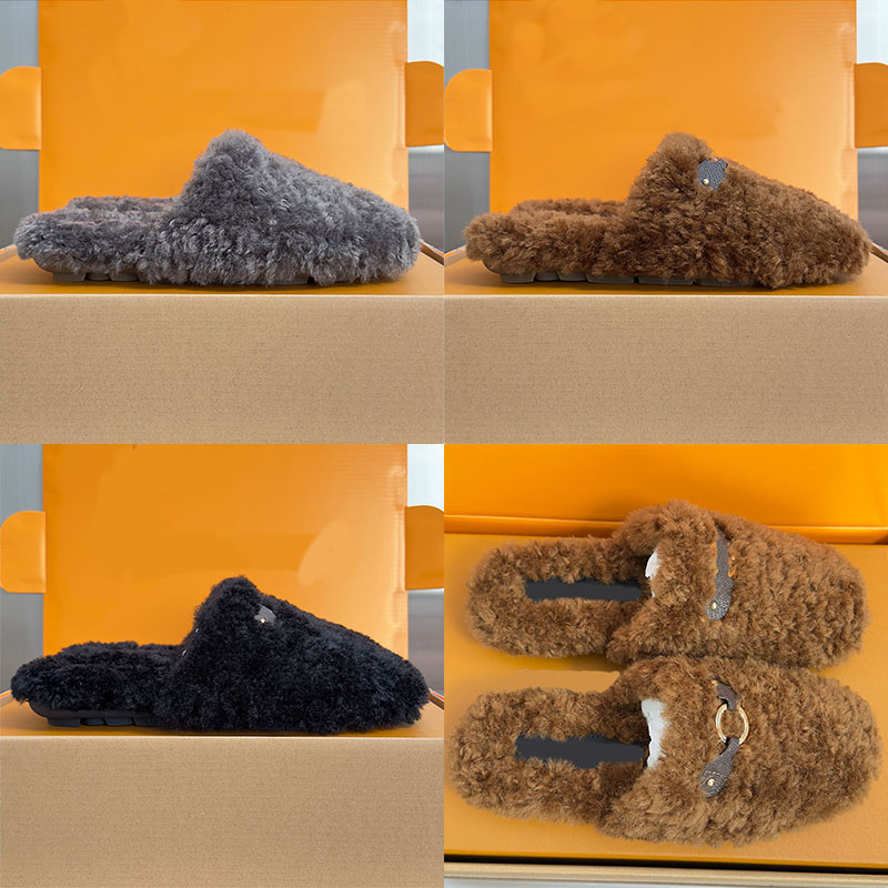 Women Haven Flat Open Back Mule Designer Fluffy Curly Plush Lazy Cotton Tower With Vintage Leather Label Adorned Round Head No Rear Heel Home Travel