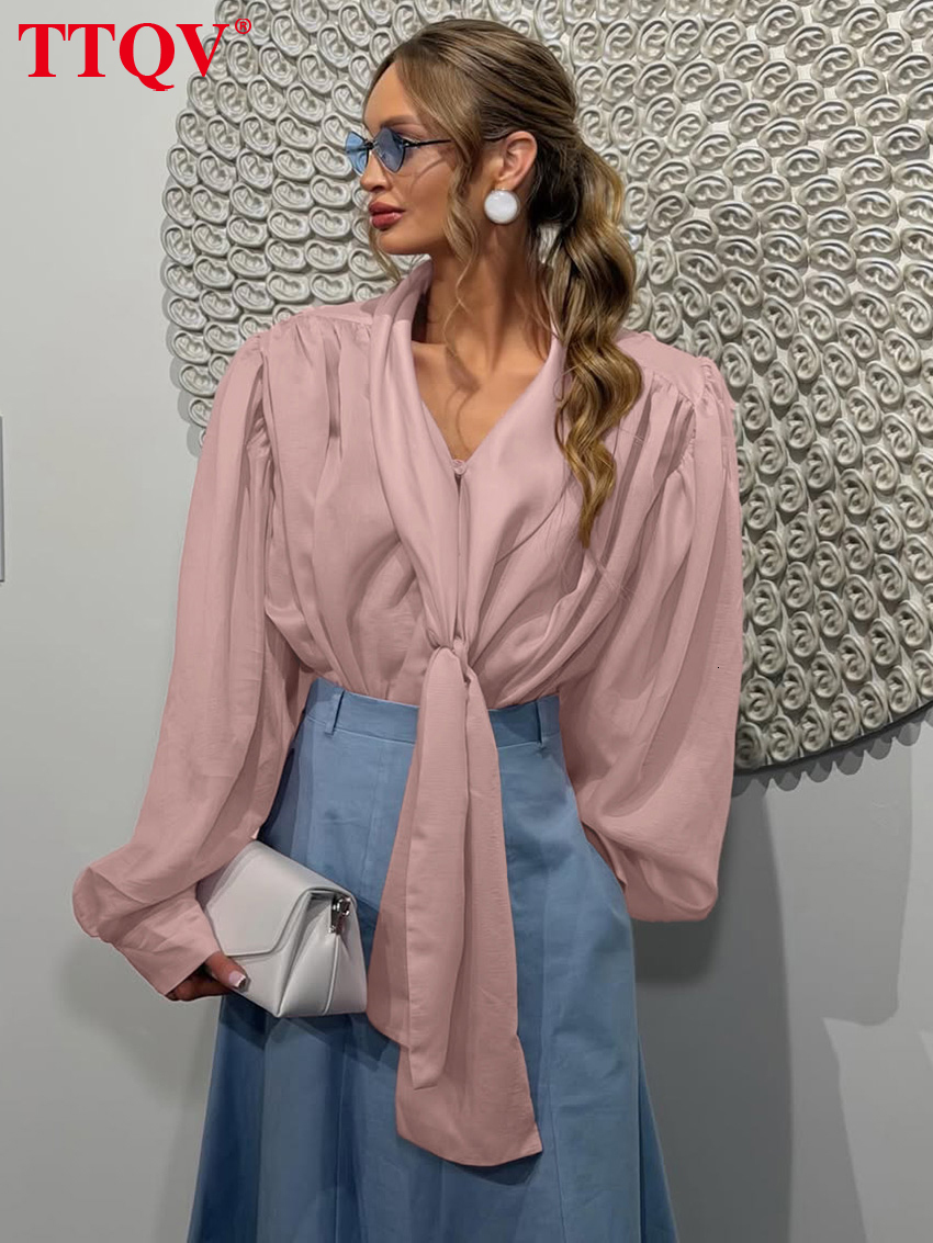 2026 Fashion Loose Pink Women's Blouse Autumn Bow Collar Long Sleeve Lady Shirt Elegant Classic Solid Top Female Clothing