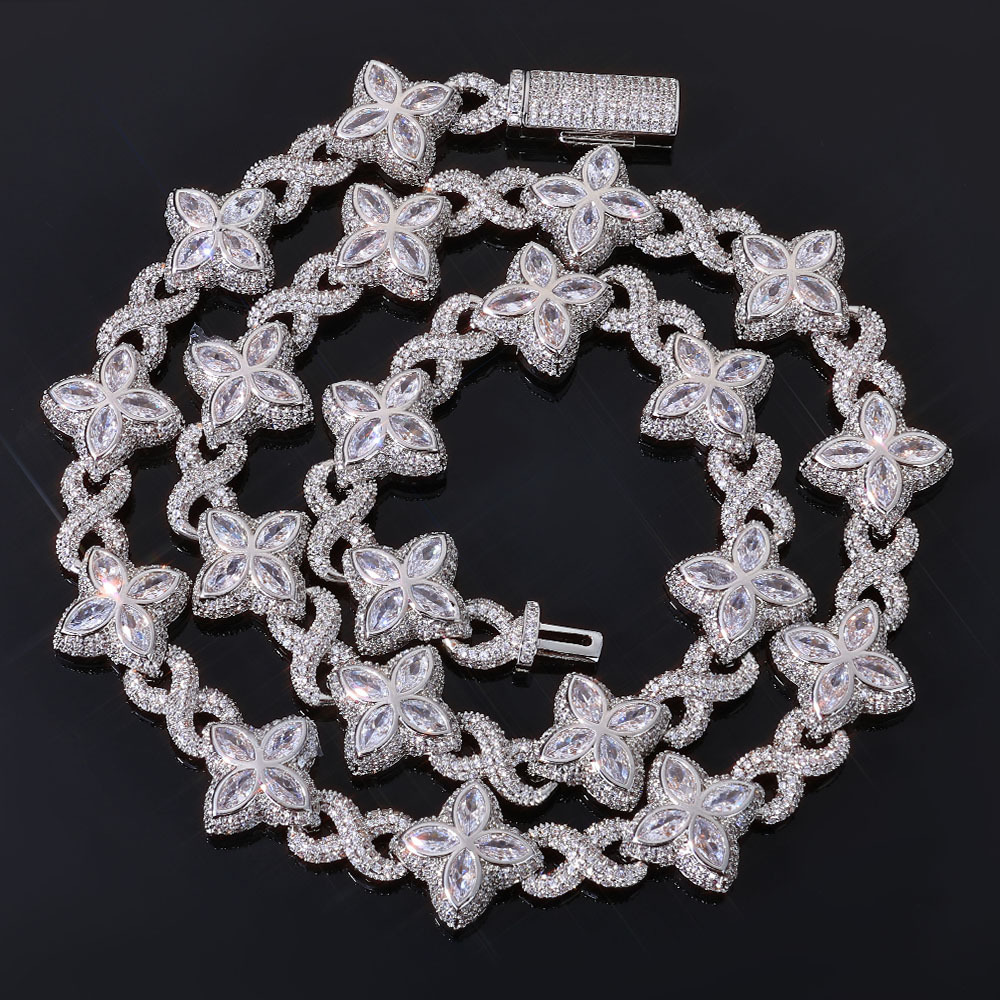 2027Four Leaf Clover Link Chain 925 Silver Lab-Grown Diamond Necklace Colour Gem Flower Link Luxury Statement Jewellery for Men Wome