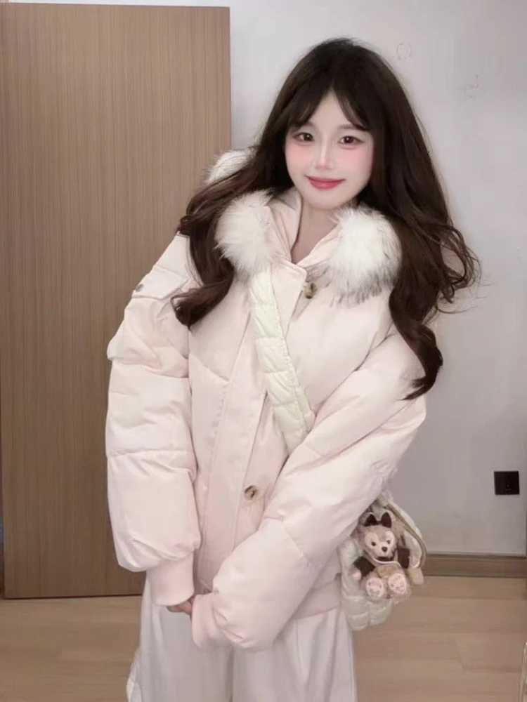 Women's Down Parkas 2026 Women Faux Fur Collar Winter Parka Warm Cotton Padded Jacket Korean Fashion Y2K Vintage Casual Streetwear Outerwear Co