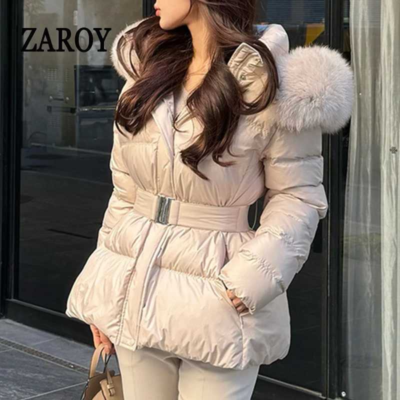 Women's Down Parkas ZAROY Winter Belted Coat Women Fur Hood Quilted Cotton Padded Jackets Fashion Elegant Streetwear Outerwear Skiing Parkas T2
