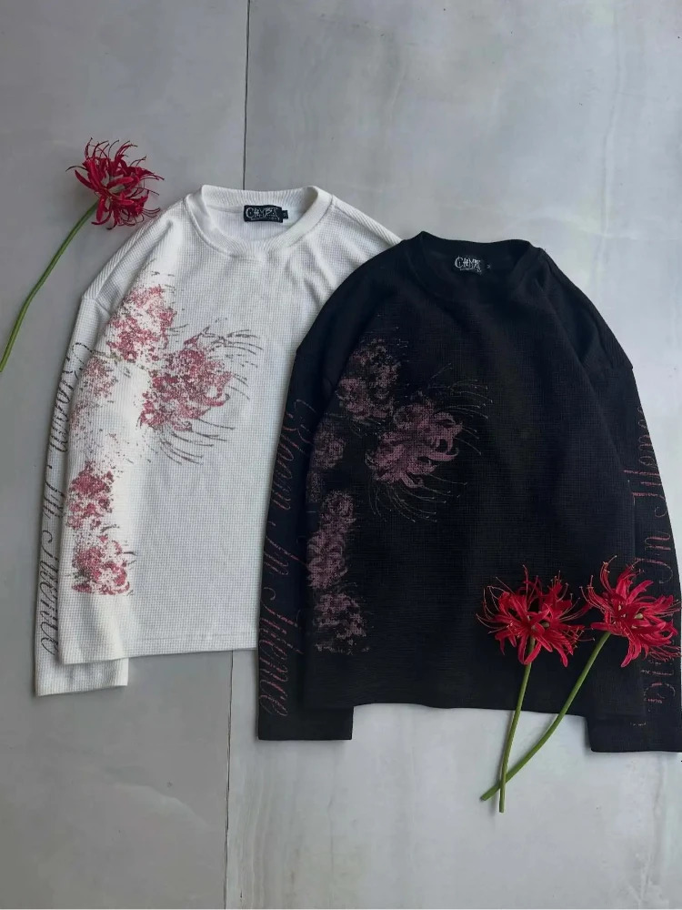 Fashionable Classics Round Neck Long Sleeved Versatile Loose Tshirt Y2K Streetwear Retro Personalized Creative Waffle Print Top 261016