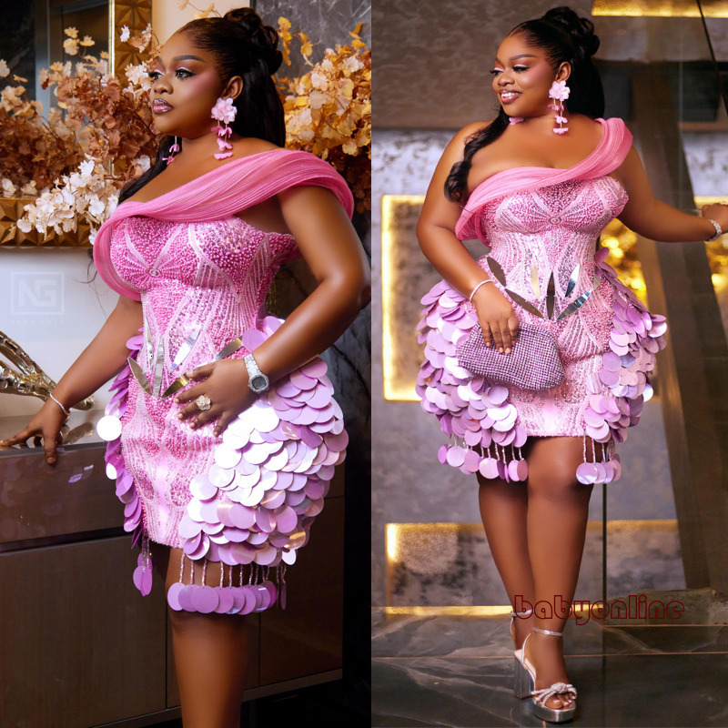 Plus Size Baby Pink Cocktail Dresses For Women Short Prom Dress One Shoulder Sequins Beads plus Size Evening Homecoming Gowns BC24092