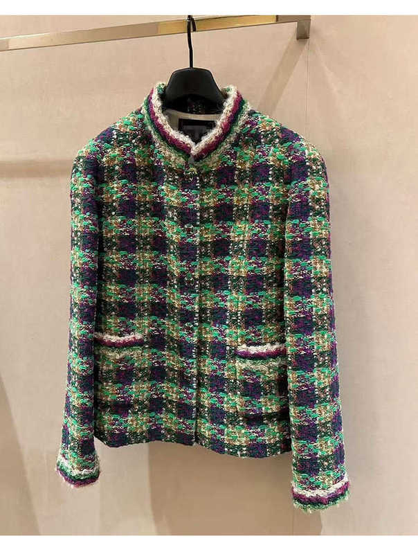 Women's Jackets Designer Small green plaid tweed jacket, women's vest, autumn/winter high-end set with fringed trim, two-piece outfit