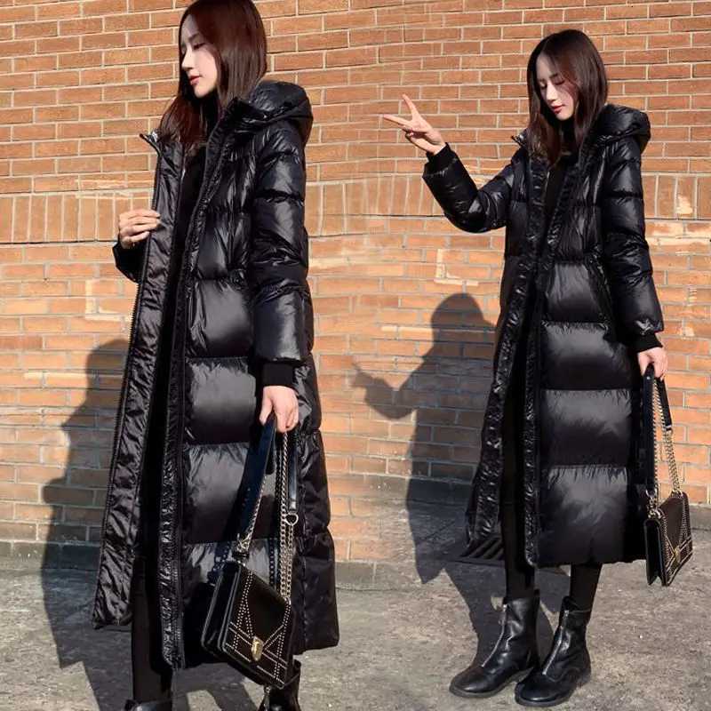 Women's Down Parkas Black Glossy Parka Coat Women's 2026 Fashion Thicken Winter Hooded Loose Long Jacket Female Windproof Rainproof Warm O