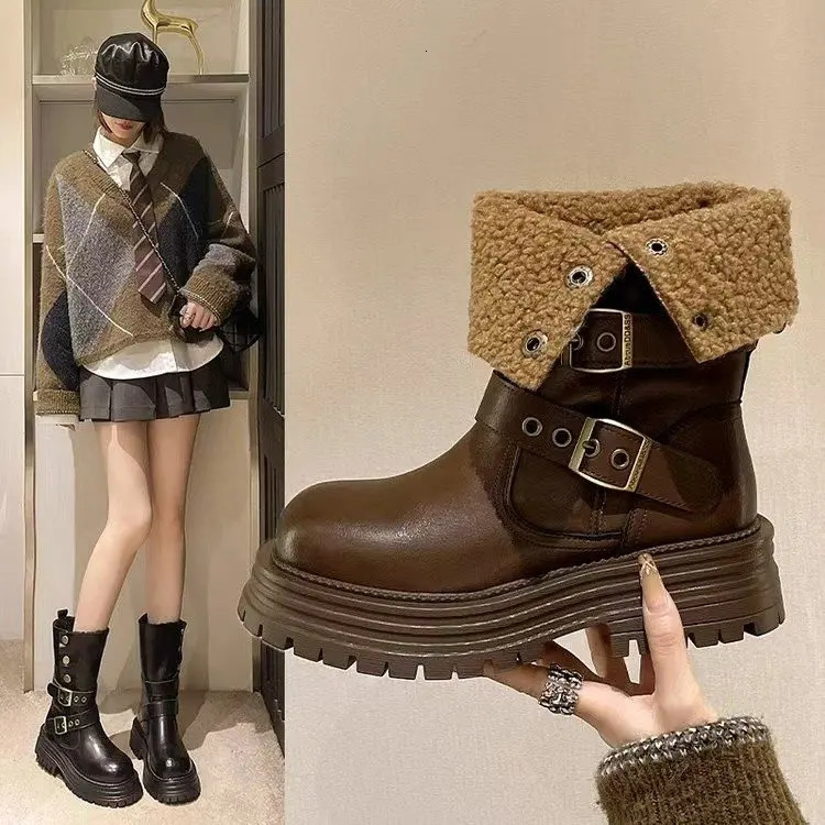 Women Cool Brown Platform Boots Fleece Lined Chunky Ankle Buckle Biker Versatile Height Increasing Autumn Winter 261013