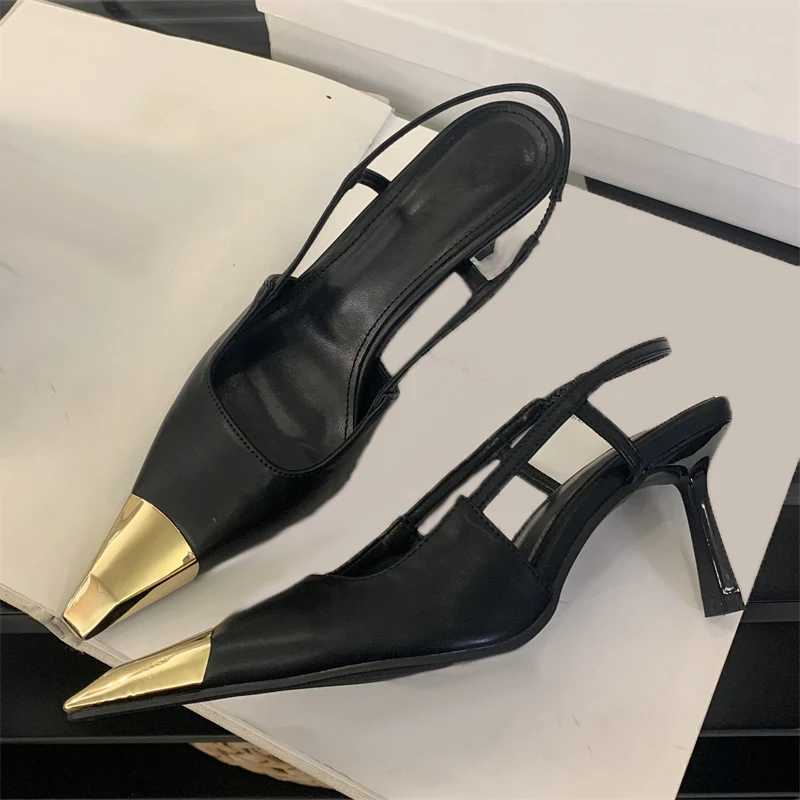 Aneikeh Street Style Sexy Pointed Toe Slingbacks Pumps Women Stripper Sandals High Heels Female Banquet Shoes Brown Kitten Heels Q261015
