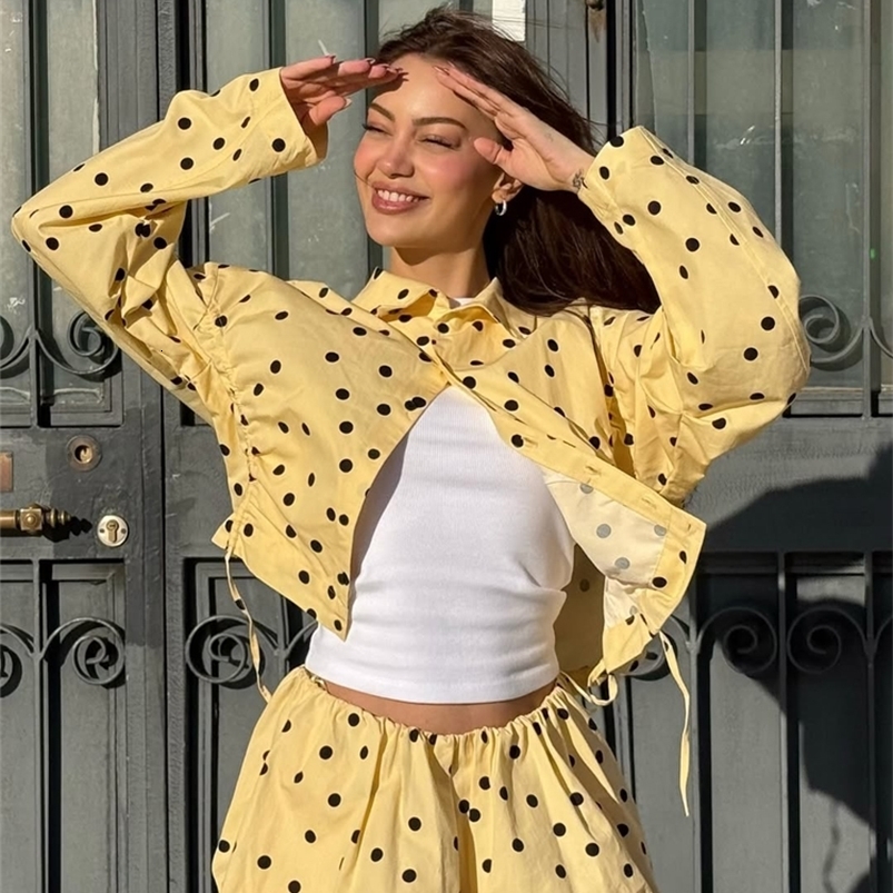 Yellow Polka Dot Long Sleeve Lace Up Shirts Coat Flower Bud Short Skirt Fashion Women 2piece Set 2026 Lady Daily Street Outfit 261016