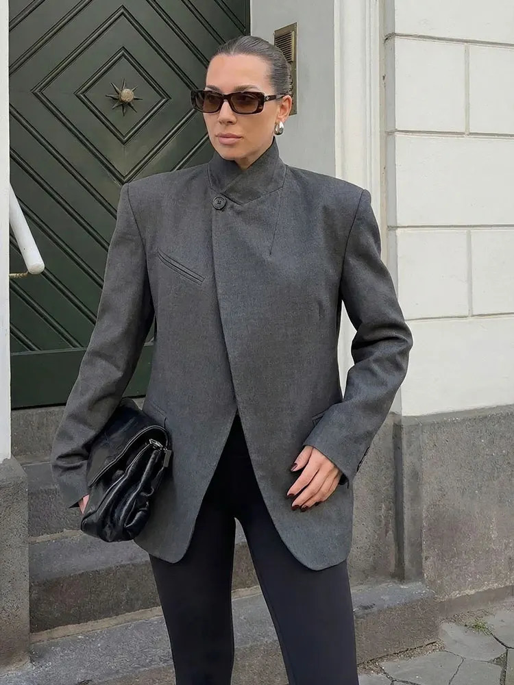 HH Women Elegant Fashion Solid Blazer Coat One Button Stand Collar Long Sleeve Suit Jackets Spring Casual Commuting Outerwear 261016