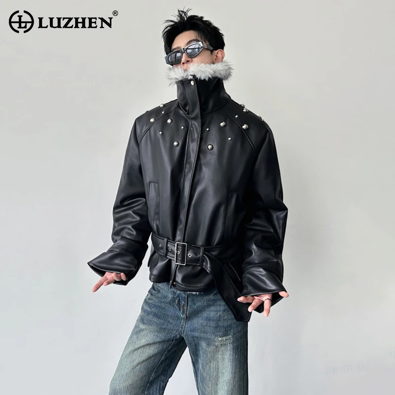 LUZHEN Winter New High Quality Faux Fur Liner 2026 Warm Stand Neck Leather Parka Jacket Men Fashion Handsome Padded Coat