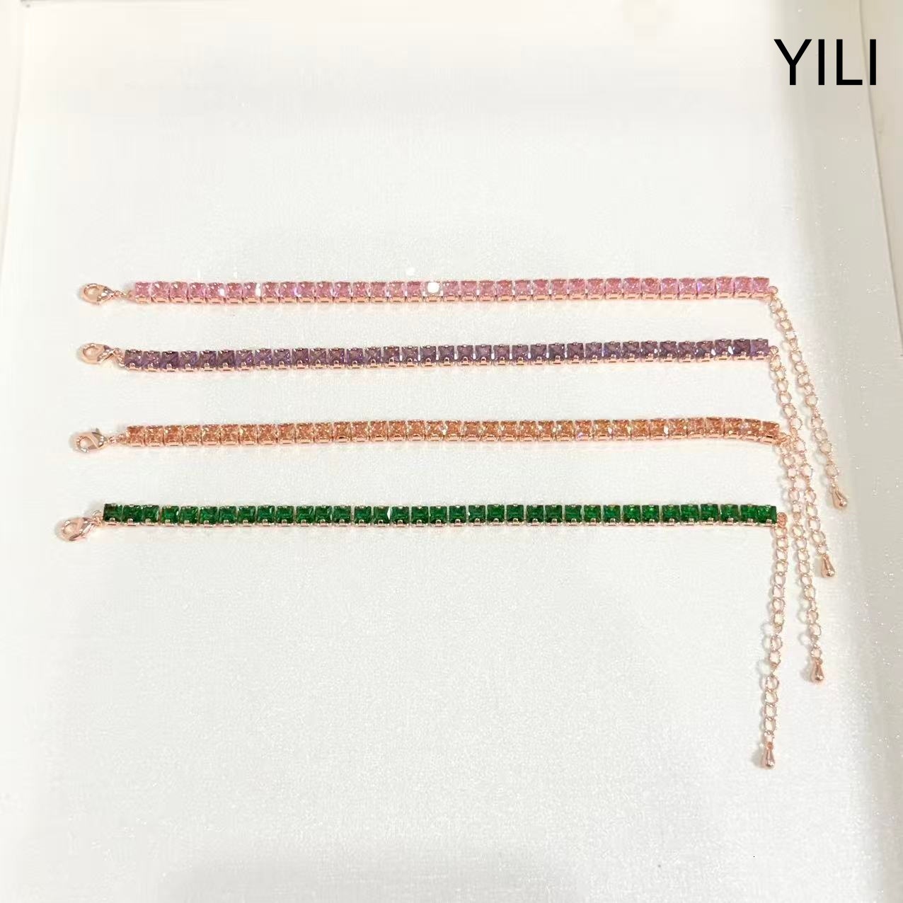 Light Luxury Fashion Square Diamond Chain Zircon Bracelet, Simple, Versatile, With A High-End Feel, Featuring Colorful Claw-Set Stones And Rose Gold