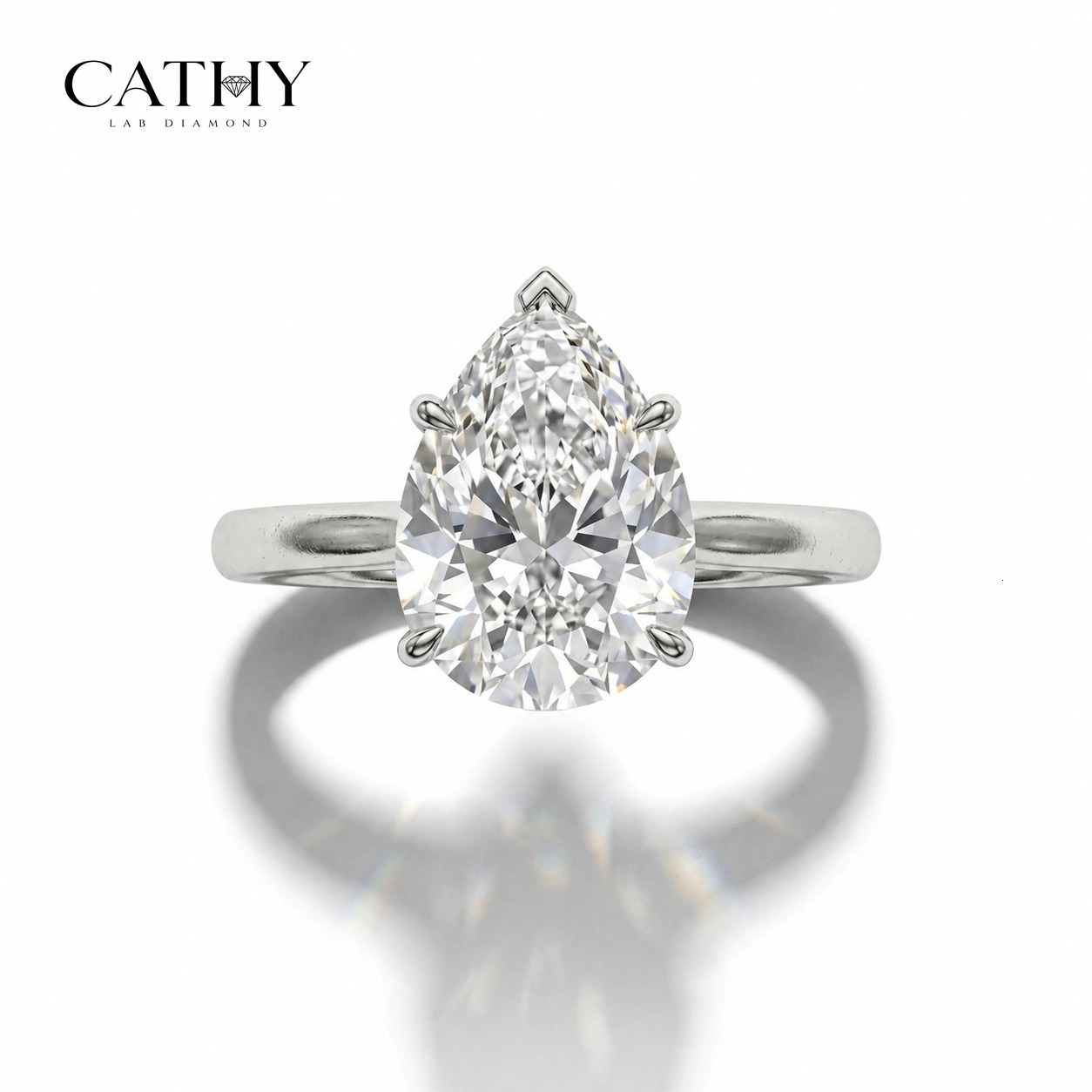 CATHY 1ct 2ct Pear Cut Lab Grown Diamond Solitaire Engagement Ring V Prong Setting Plain 18K White Gold Band IGI Certified