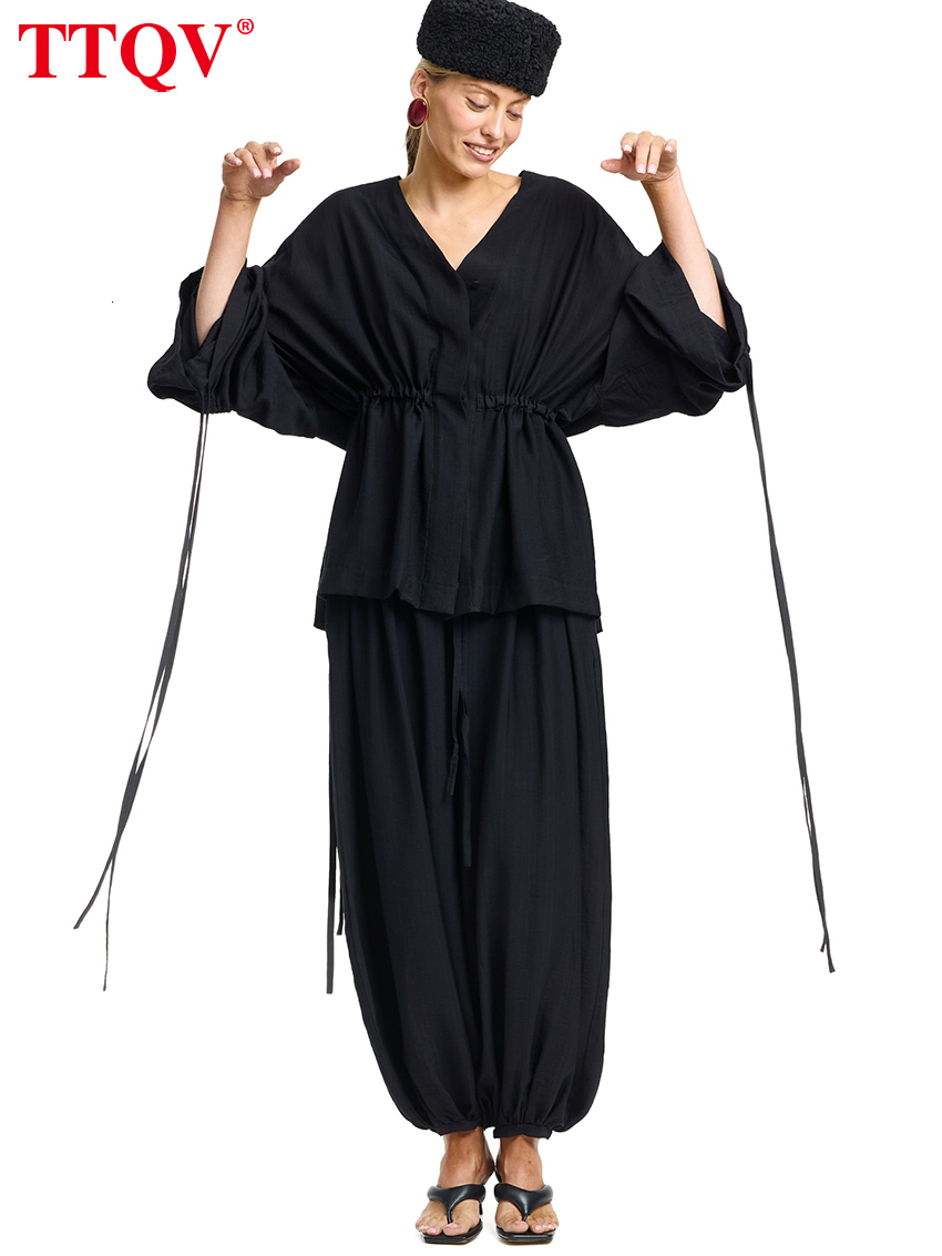 Fashion Loose Black Women's Two Pieces 2026 Elegant Long Sleeve Shirt With High Waist Wide Pants Set Female Clothing