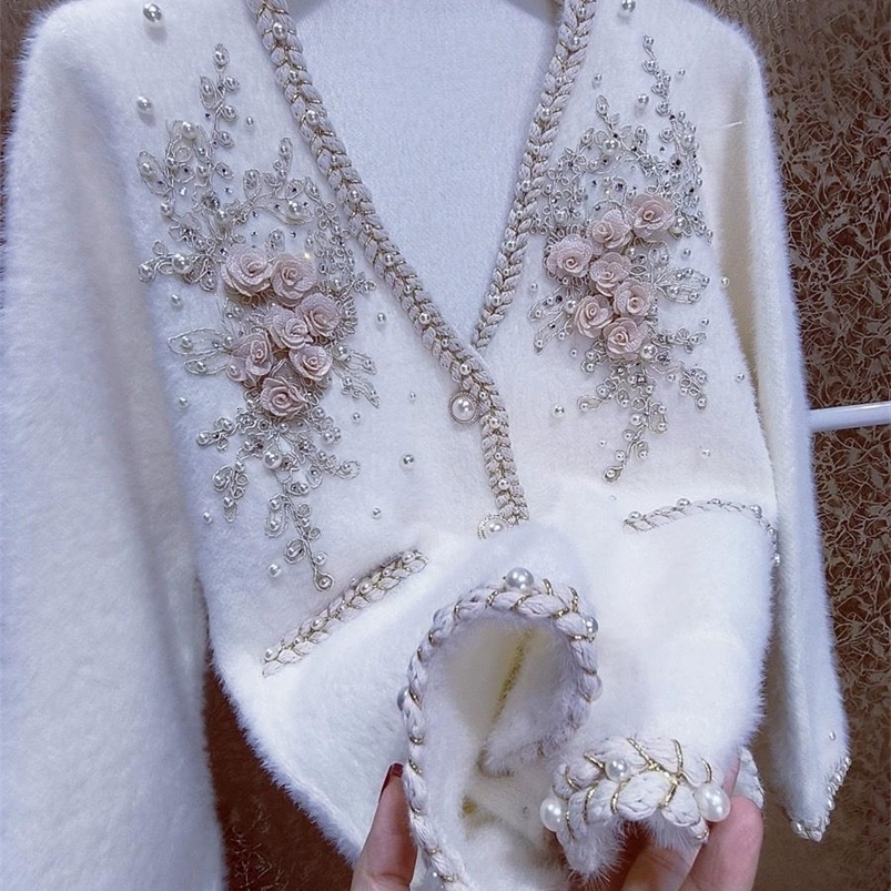 y Flower Beaded Diamonds Faux Fur Knitwear Cardigan For Women V-neck Loose Small Fragrant Sweater Outwear Jacket 261015