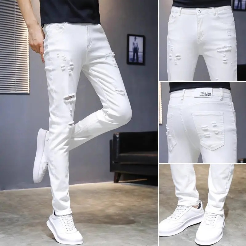 Spring and Summer 2026 White Ripped Jeans Mens Elastic Slimfitting Pants Cowboy Korean Beggar Trend Long 261017