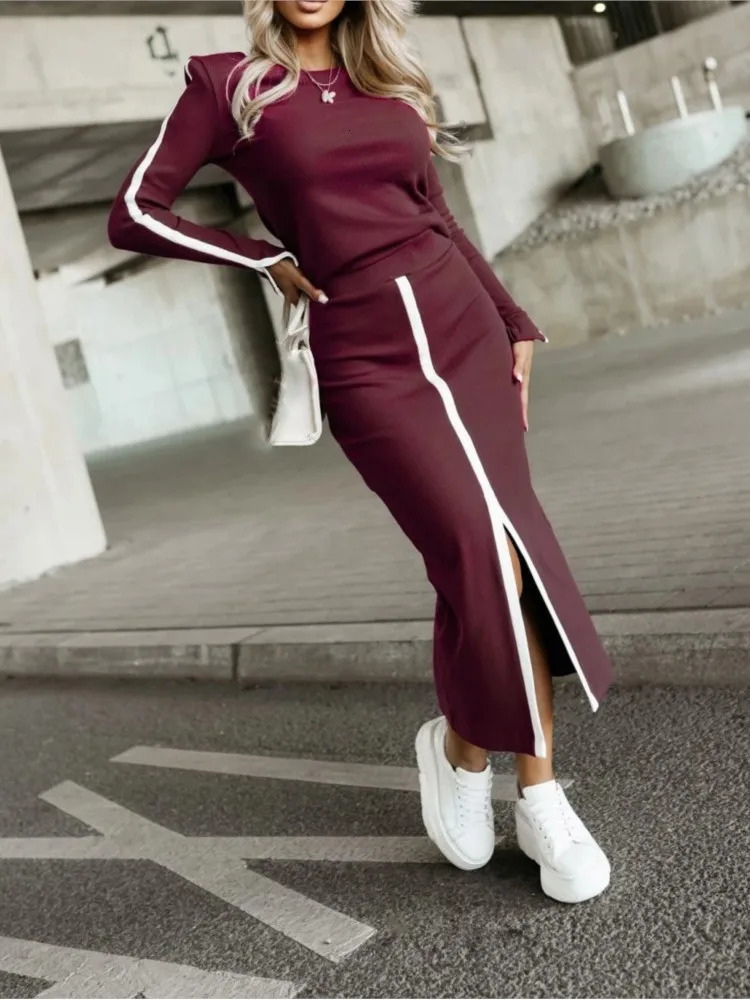 Spring Suit Solid Color Long-sleeved Round Neck Top Button Exposed Navel Hip Mid-length Skirt Casual Two-piece Set Y2k 261015