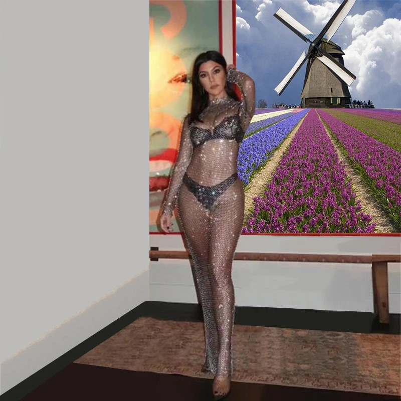 Shiny Rhinestones Grid Long Dress Women Sexy See Through Long Sleeves Fishnet Side Slit Long Dresses Chic Summer Beach Cover Up 261016
