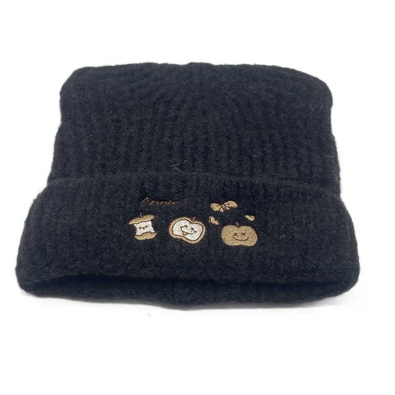 Autumn Winter Cute Apple Embroidery Logo Cartoon Bear Ears Beanie Casual Personality Ribbed Knitted Hat