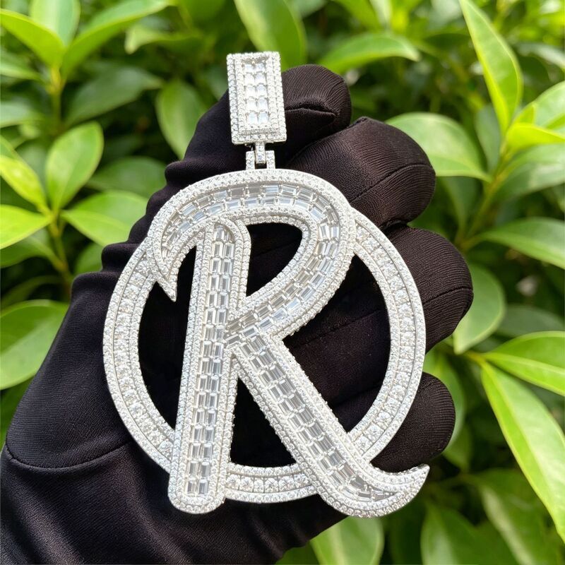 hip-hop style 925 Sterling Silver zircon-studded letter R pendant necklace, personalized trendy unisex light luxury accessory