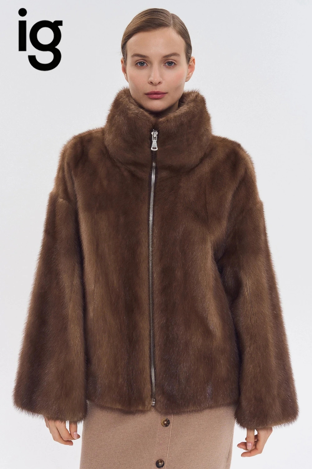 IG 2026 Women High Collar Zip Faux Mink Fur Jacket Short Loose Fit Long Sleeve y Warm Winter Daily Fashion Outer Coat 261017