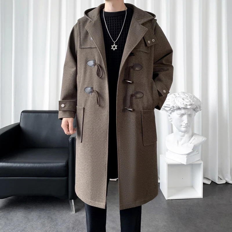 Mens Hooded Long Woolen Coats Oversized Solid Color Winter Windbreaker Korean Style Casual Trench Outwear Male Clothes 261015