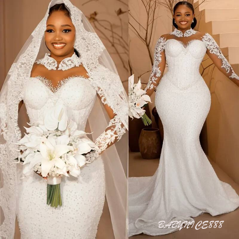 Plus Size Arabic Off White Bride Mermaid Wedding Gowns Pearls High Neck Tiers Beaded Lace Rhinestones Bridal Dress For Marriage