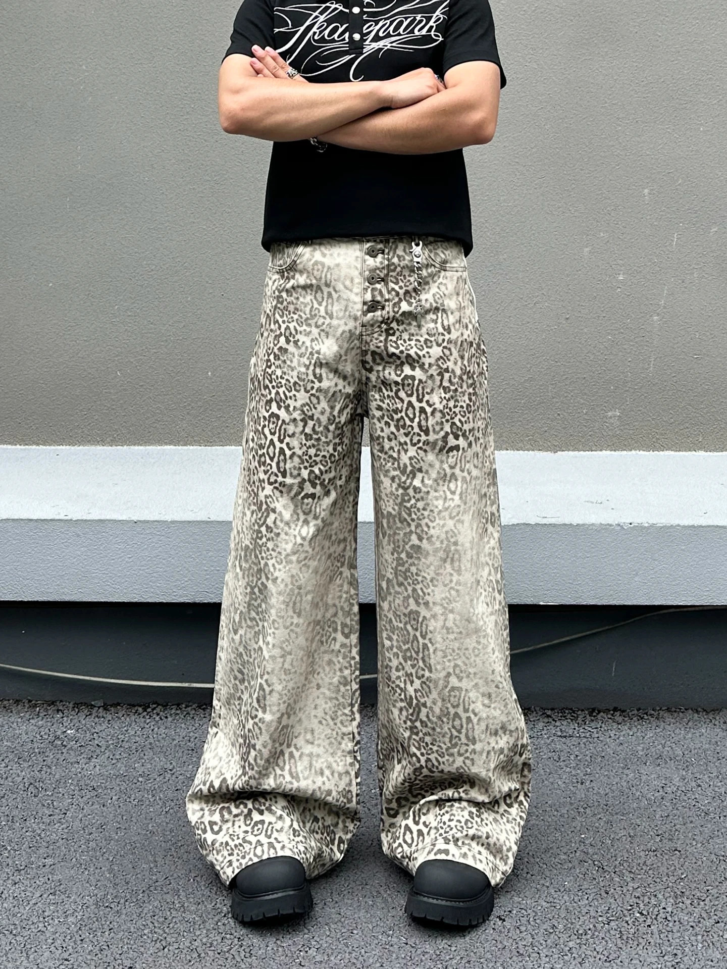 American Retro Leopard Print Patchwork Baggy Jeans Men Loose Straight Casual Slimming n Wide Leg Pants Street Style 261016