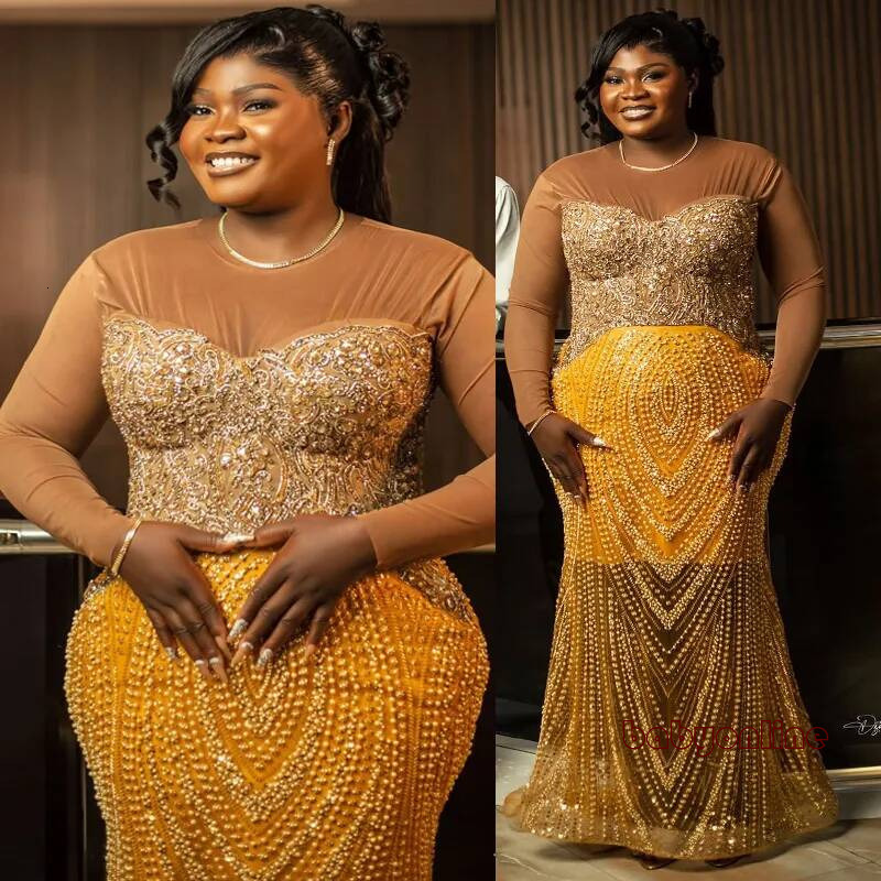 Plus Size Gold Prom Dresses Sheer Neck Pearls Crystals Beaded Sequined Lace Evening Formal For Nigeria Black Women Birthday Gowns Am3434