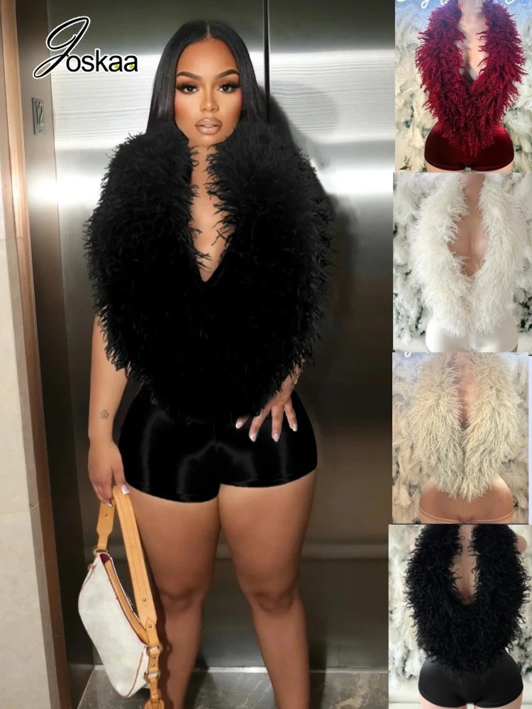 Joskaa Women's Sexy Faux Fur Romper Halter Deep V Backless Activity Workout Fit Skinny Playsuits Holiday Club Rompers S-XXL 261016