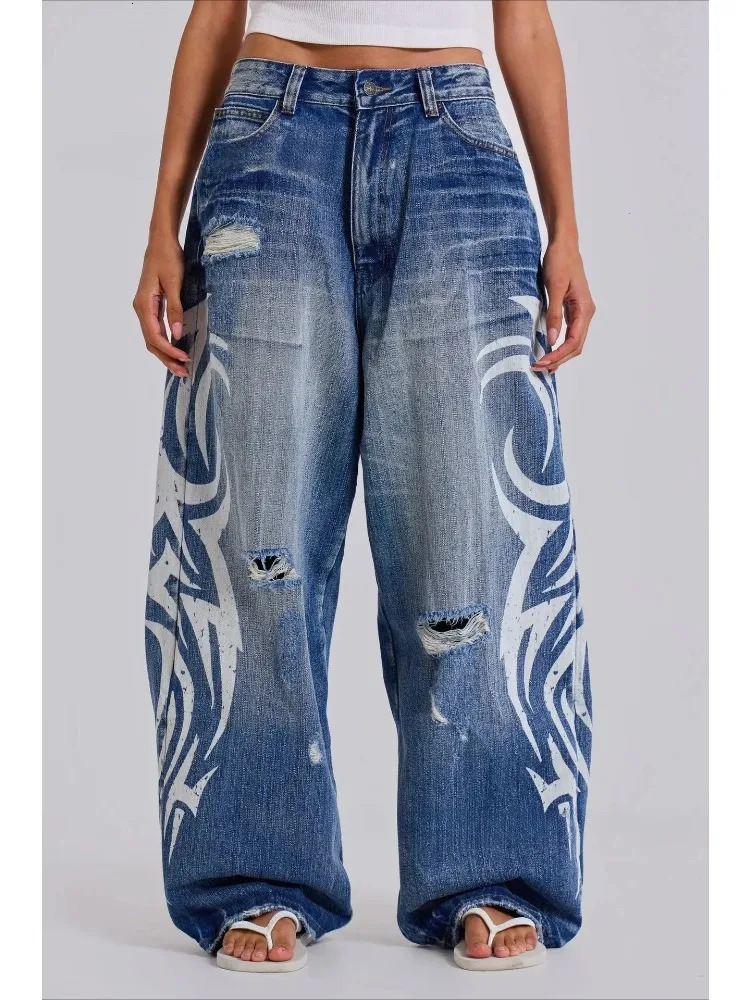 Deeptown Vintage Y2k Ripped Jeans Women Harajuku Print Blue Baggy Distressed Denim Trousers Hip Hop Grunge Streetwear Wide Jeans 261015
