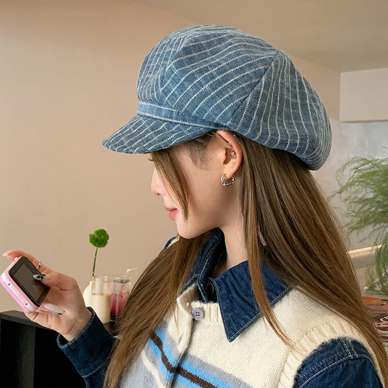 Koreanstyle striped octagonal threedimensional hat newsboy cap versatile stylish beret for spring and summer a new baseball cap