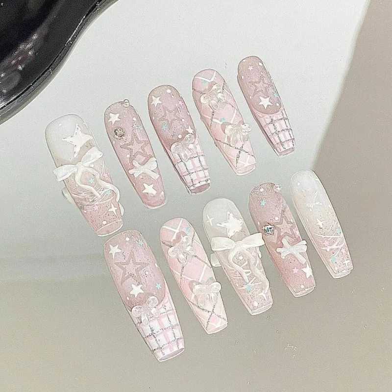 False Nails 10PCS Sweet Pink Medium Coffin Handmade Press on Nails Cute 3D Bowknot Star Plaid Patterns French Fake Nails Tip for Women Girls Q261017