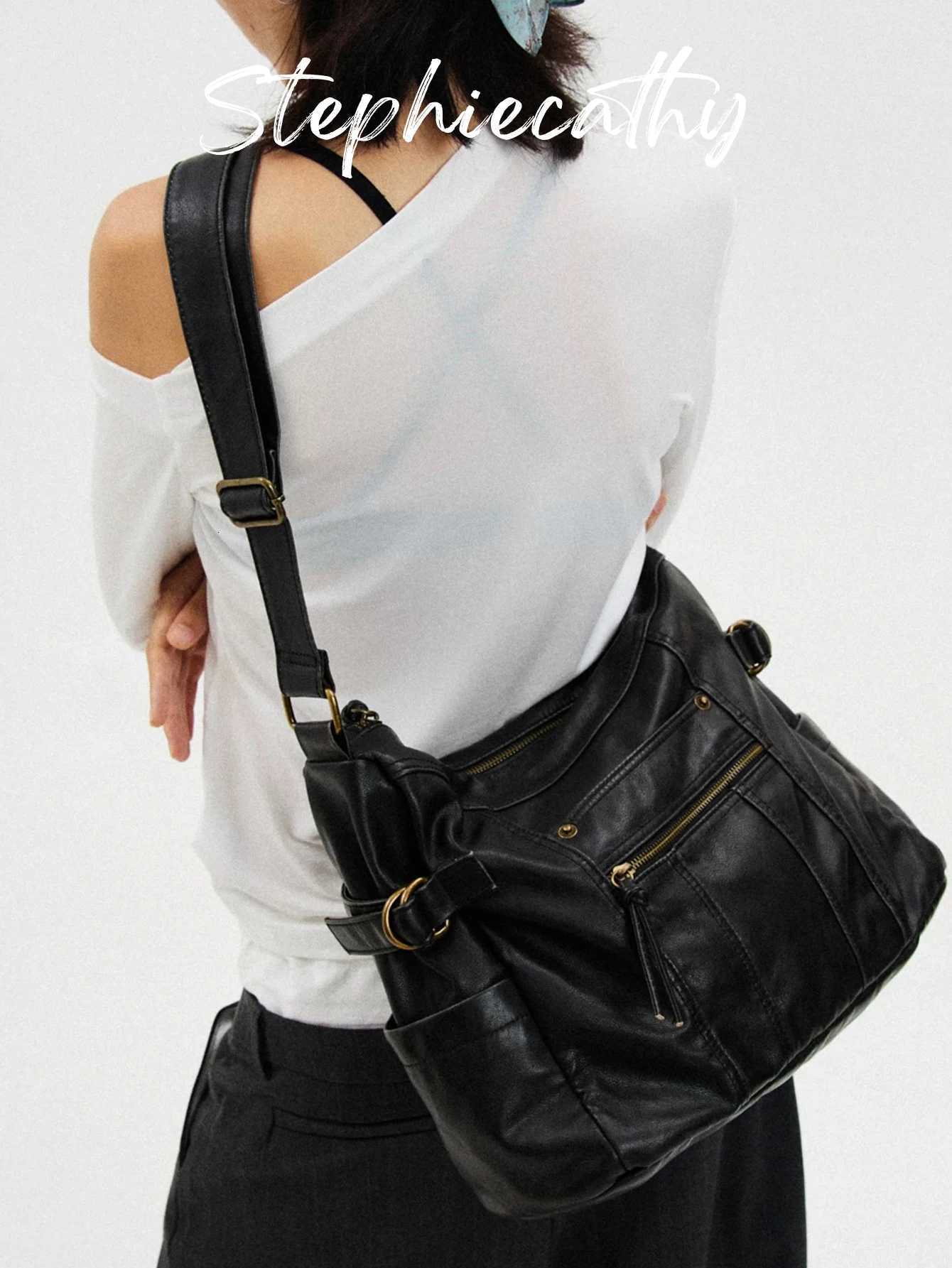 Cross Body Women Vintage Slouchy Washed PU Leather Shoulder Bag Multi Pockets Cross body Handbag Large Capacity Causal Hobo Commute Daily H261016
